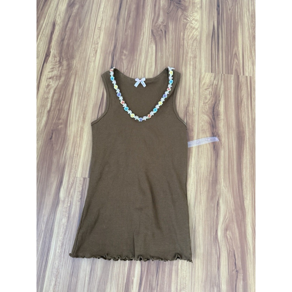 Celle Brown Ribbed Halter Tank Babydoll Floral Trim Detail NWT Medium Fairycore - Picture 7 of 9